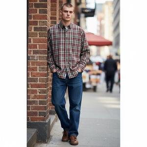 Vintage Eddie Bauer Men’s Red Cream Plaid Flannel Shirt L Tall 100% Cotton VTG